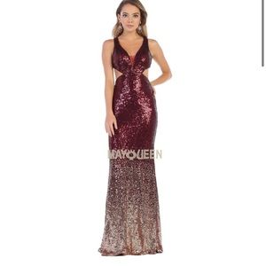 May Queen - MQ1628 Two Tone Sequined Deep V-Neck Sheath Dress